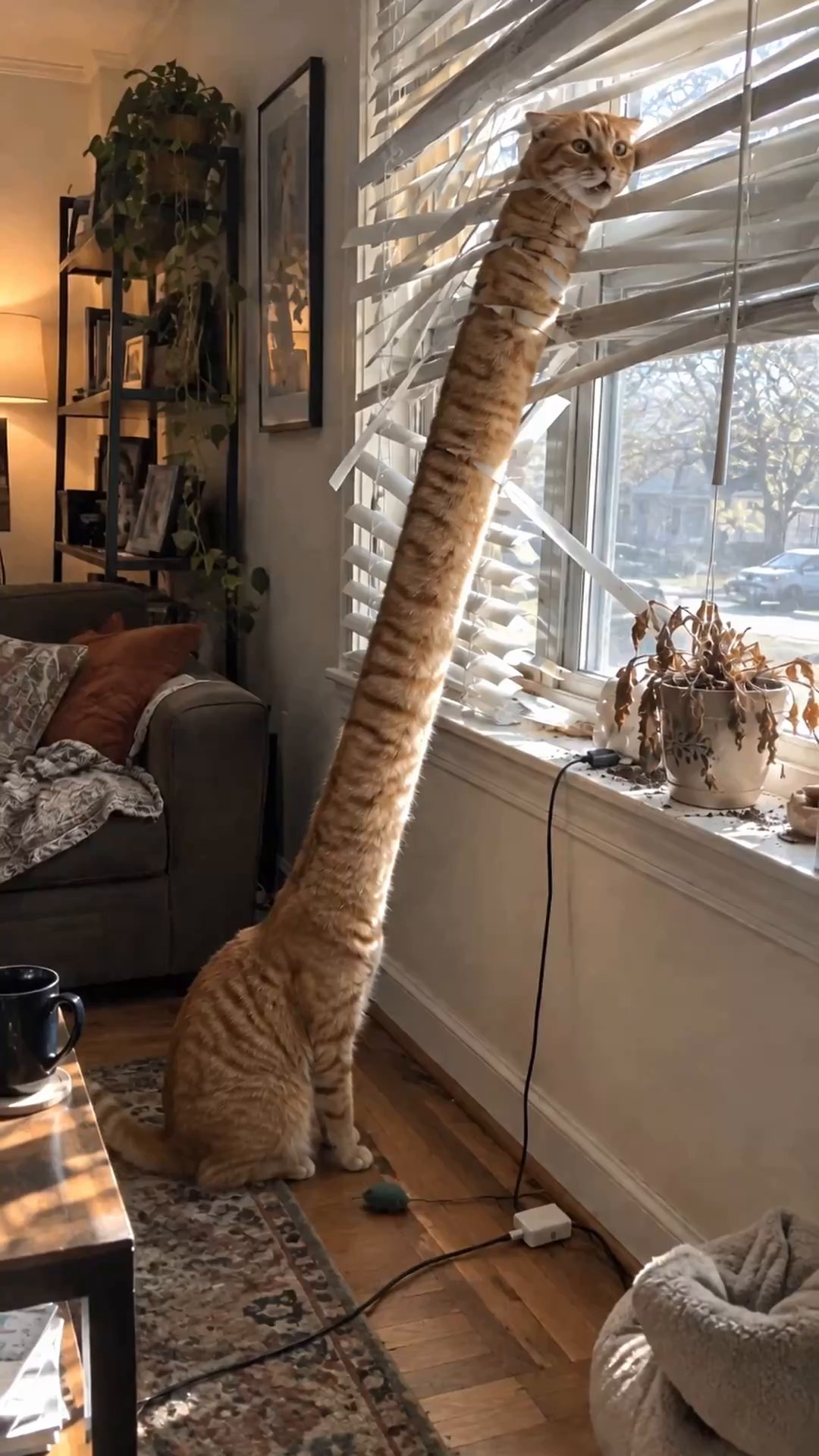 A long-necked cat peeks through window blinds.
